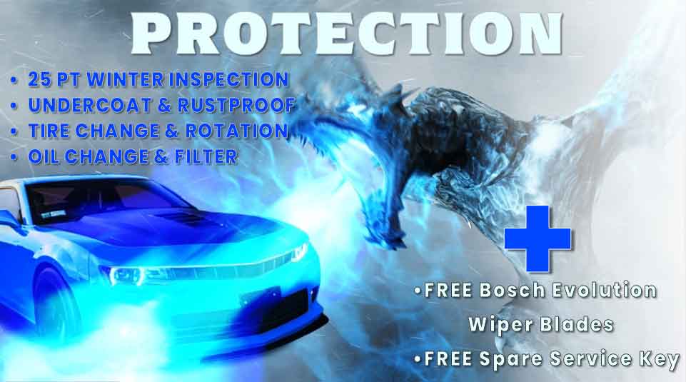 Ice Dragon freezing a Camero - Text Special: 25 Pt Winter Inspection; Undercoat & Rustproof; Tire Change & Rotation; Oil change & Filter; Plus sign - Free Bosch Evolution wiper blades; Free spare service key.